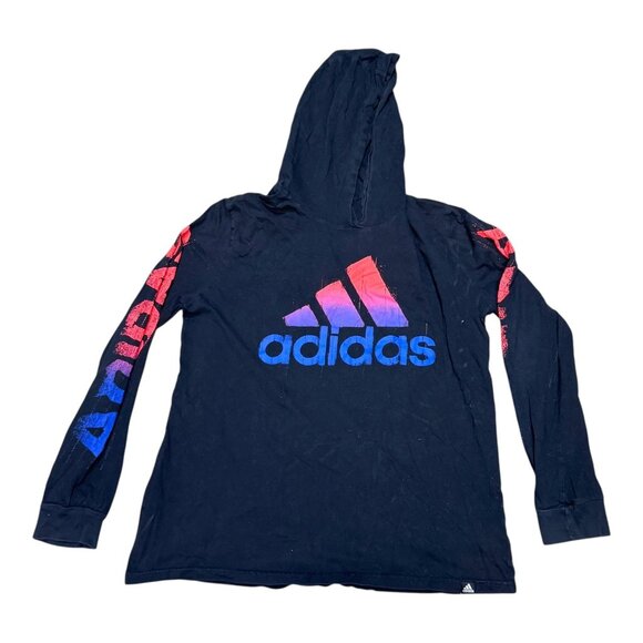 Adidas Youth XL Hoodie Black With Blue Pink Logo Graphic Long Sleeve Cotton READ - Picture 1 of 8